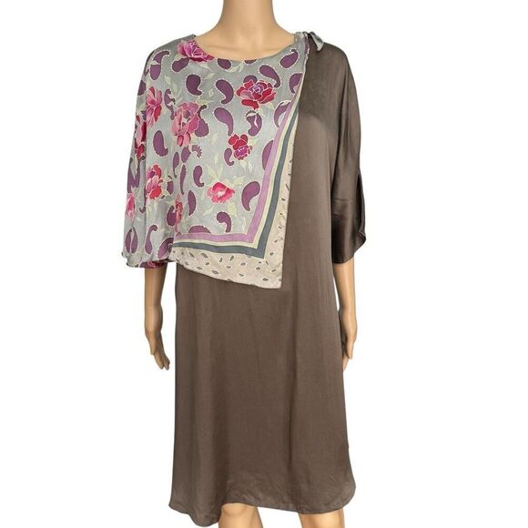 100% silk brown tunic blouse dress attached paisley scarf size L - Picture 1 of 7